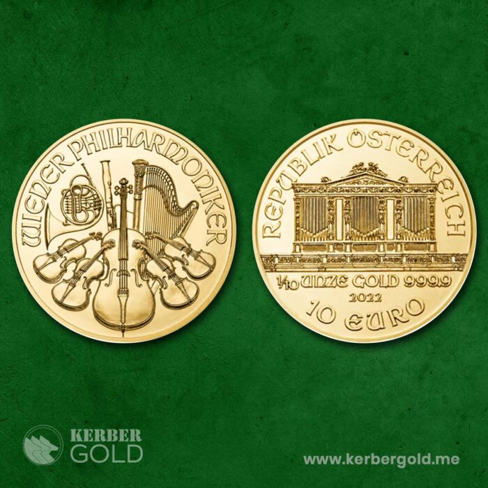 Wiener Philharmoniker 1/10 oz gold coin – 999.9 fine investment gold by Austrian Mint, certified by KERBER GOLD Montenegro