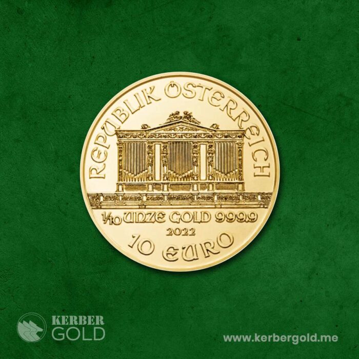 Wiener Philharmoniker 1/10 oz gold coin – 999.9 fine investment gold by Austrian Mint, certified by KERBER GOLD Montenegro