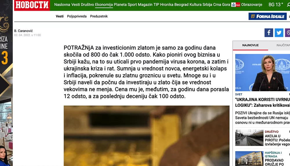 Novosti Pomama Za Investicionim Zlatom
